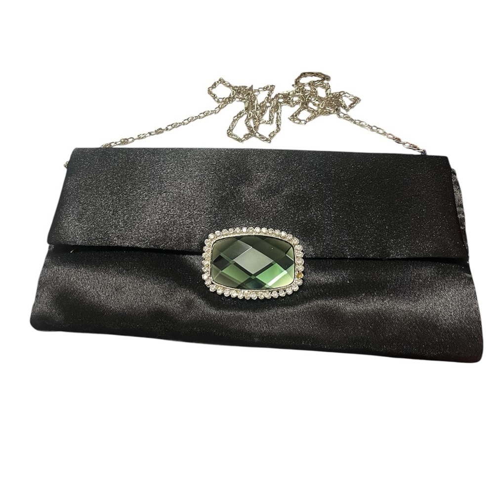 Vintage Jessica McClintock Black Leather Clutch with Rhinestone Clasp and Chain